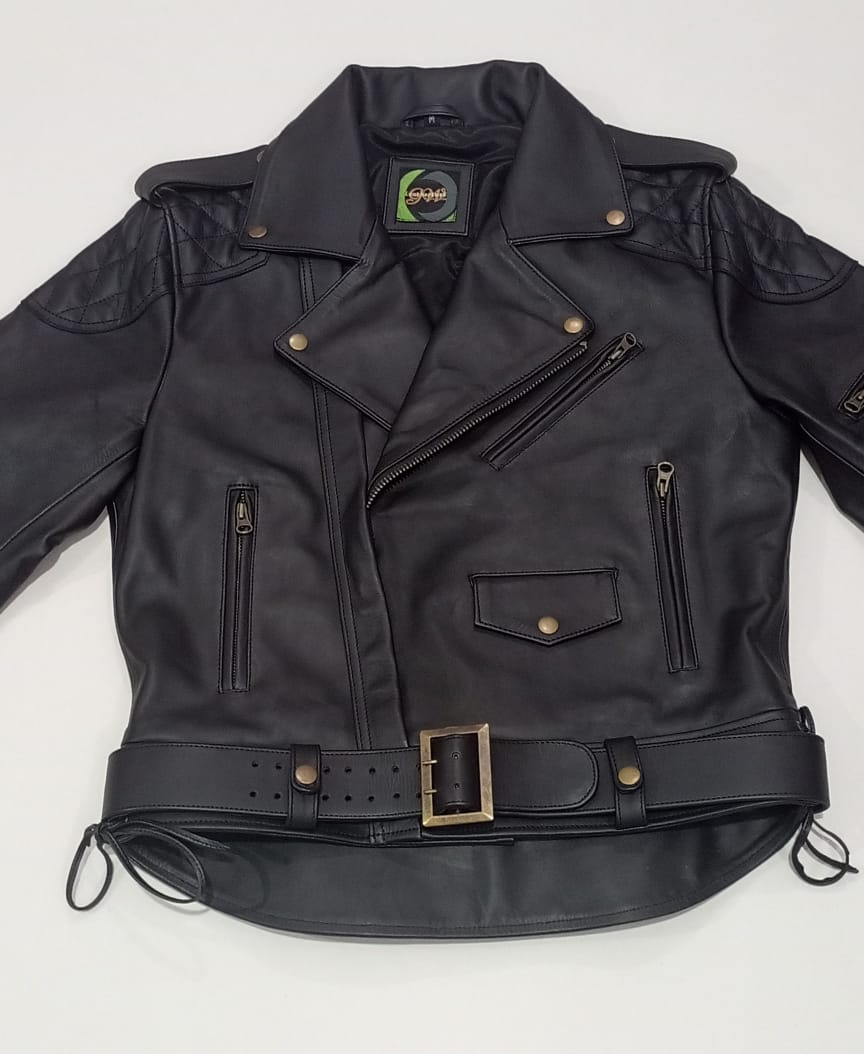 Leather motor biker jacket.