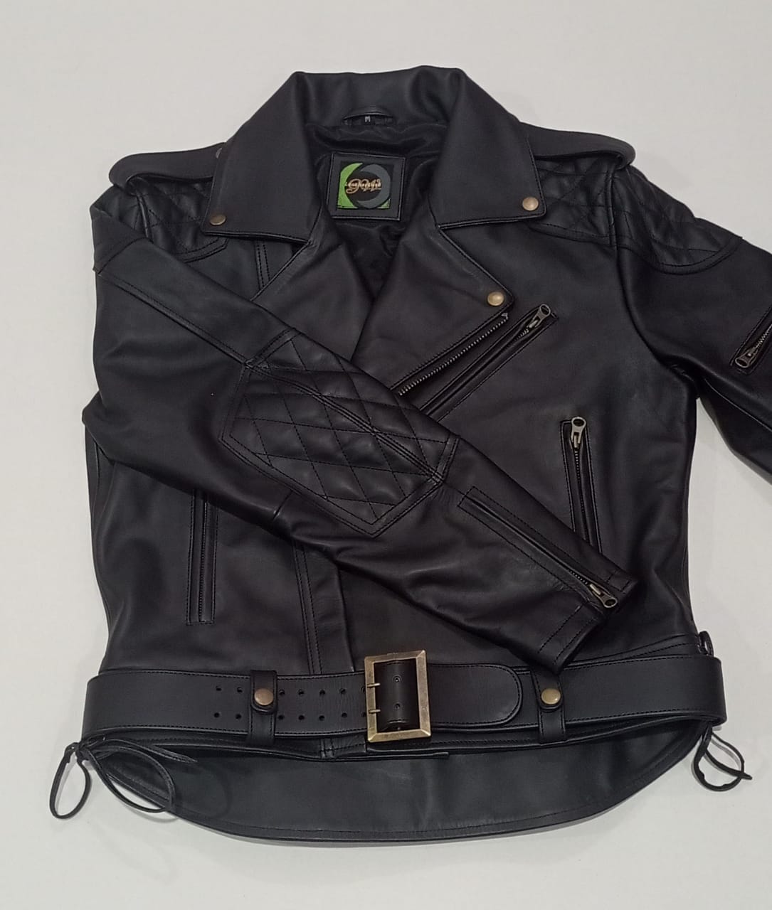 Leather motor biker jacket.